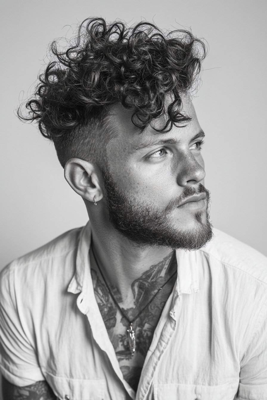 Curly men's style. Undercut with curl-defining gel and deep conditioning.