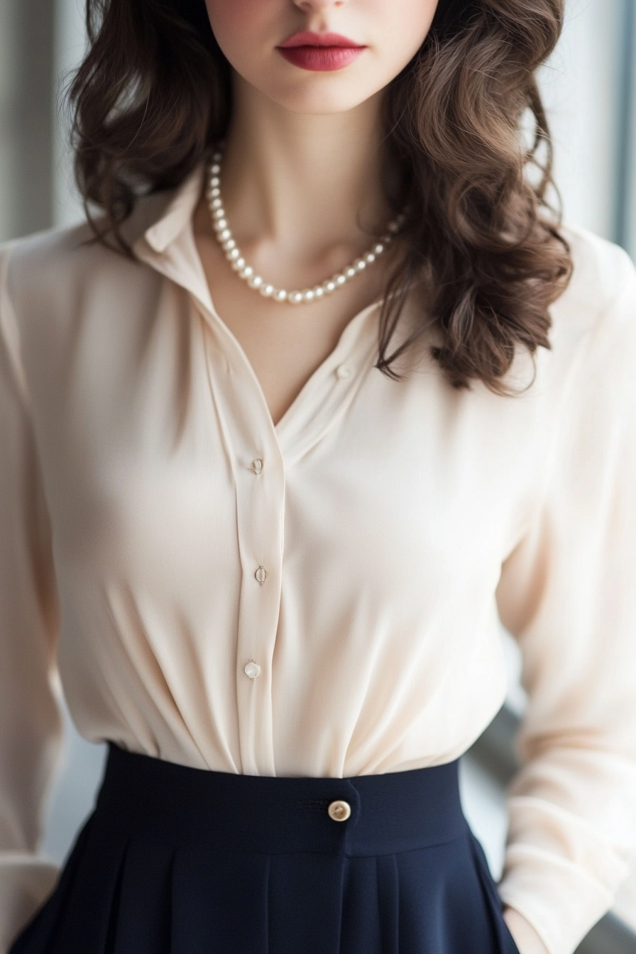 Classic women's style. Navy pencil skirt with light chiffon blouse and pearl necklace.