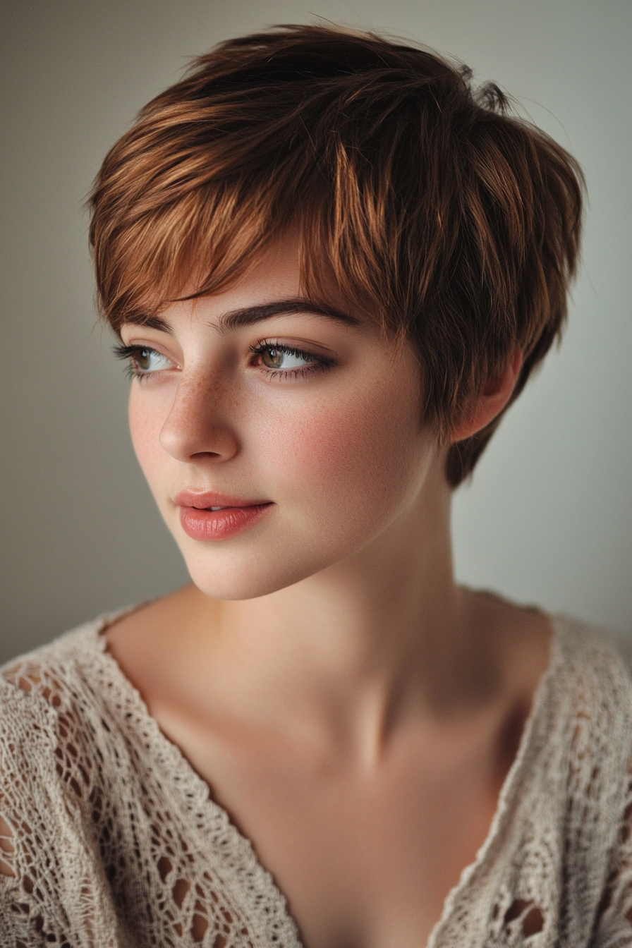Women's soft style. Pixie cut with feathered layers and subtle highlights.