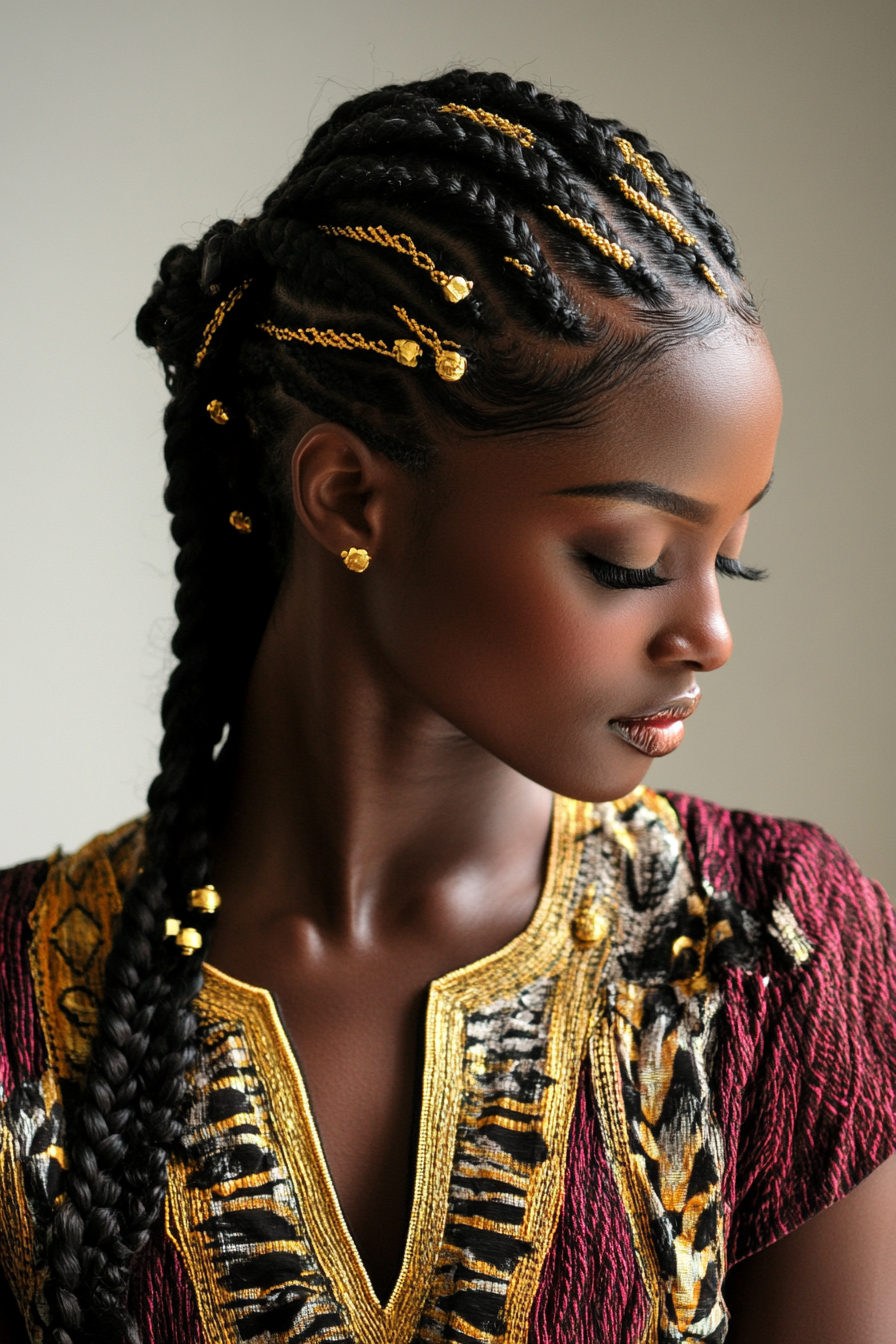 Women's braided hairstyle. African cornrows adorned with added golden strings.