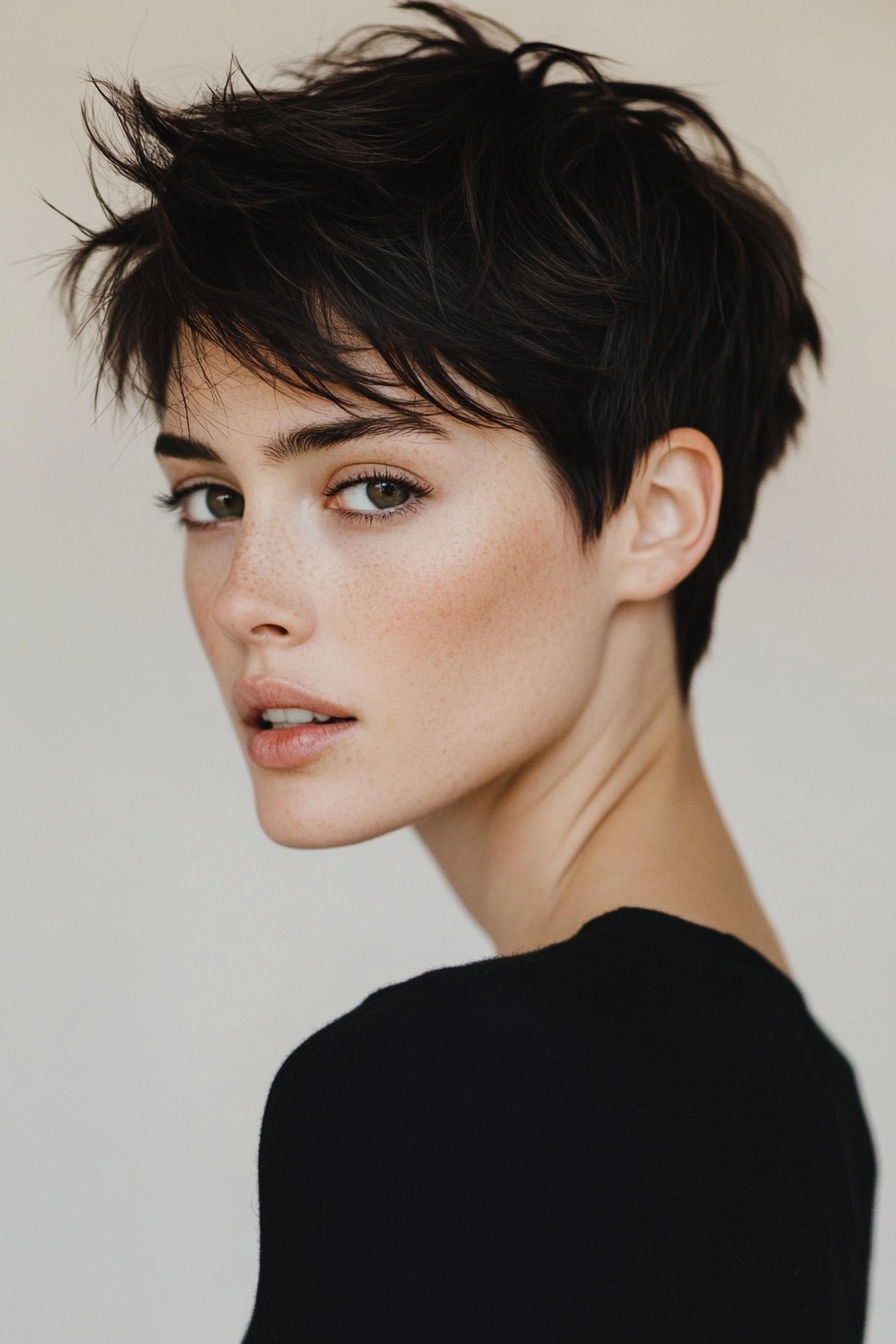 Women's short hairstyle. Tapered sides with a highly textured crown.