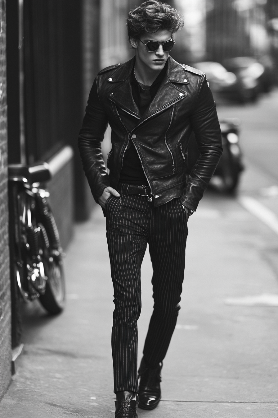 Edgy men's style. High-rise pinstripe trousers with leather biker jacket.