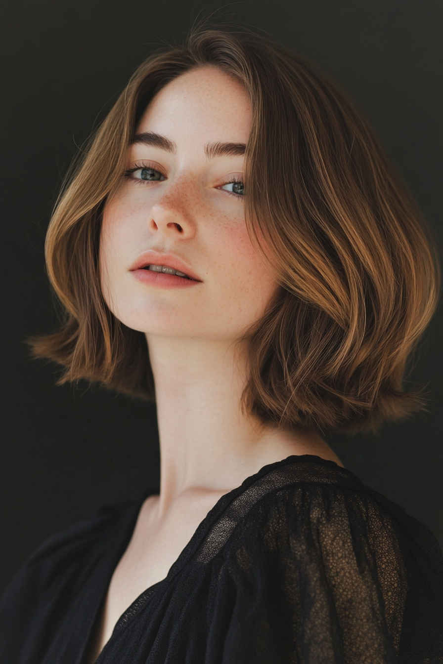 Women's soft style. Shoulder-length bob with subtle tapered undercut.