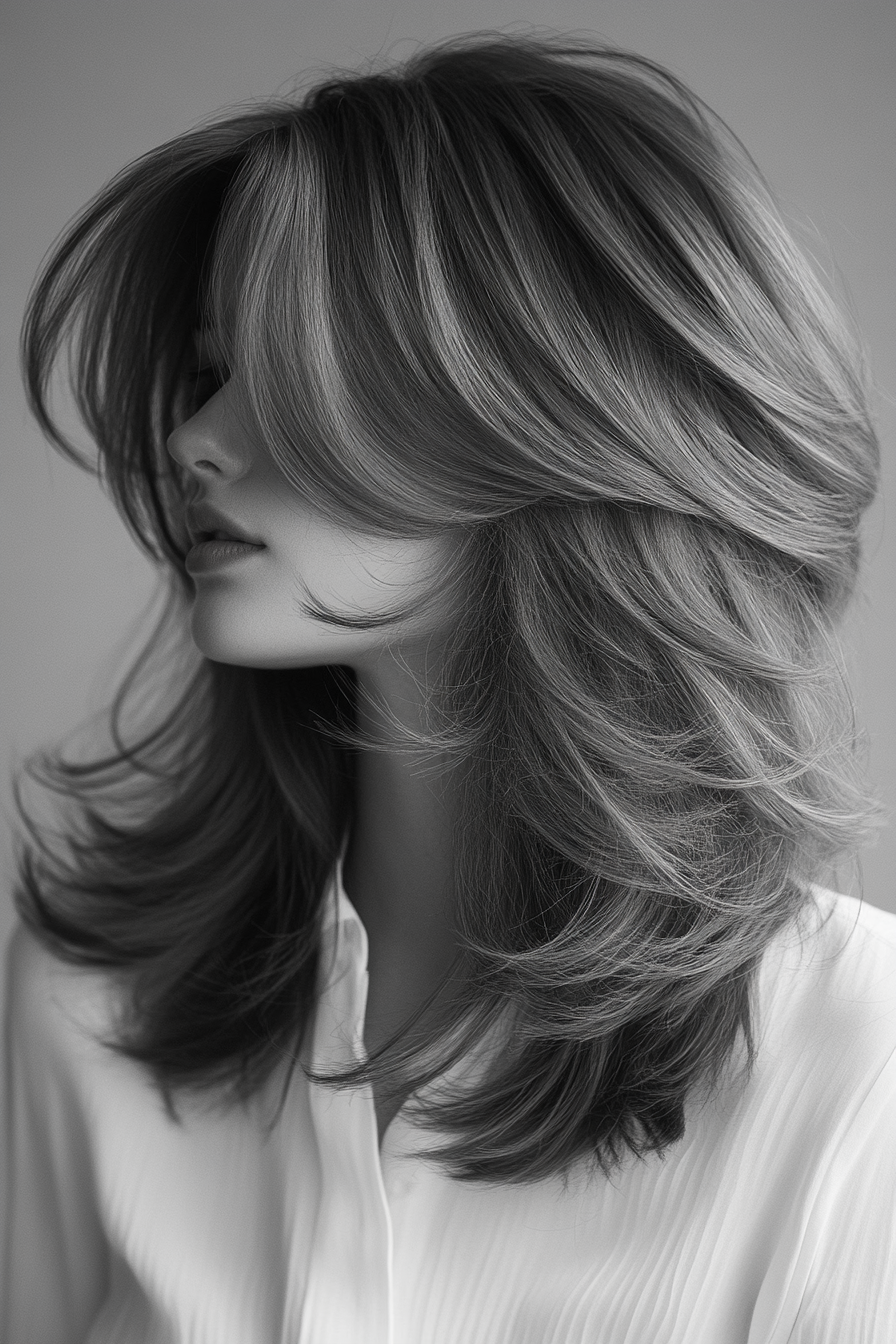 Women's soft style. Long layered cut with feathery movement.