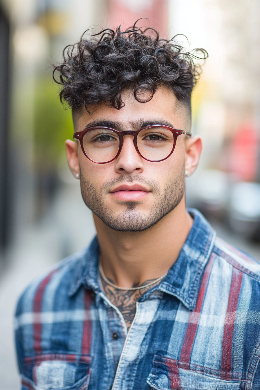 Men's texture style. Faded sides with tightly defined curls on top.