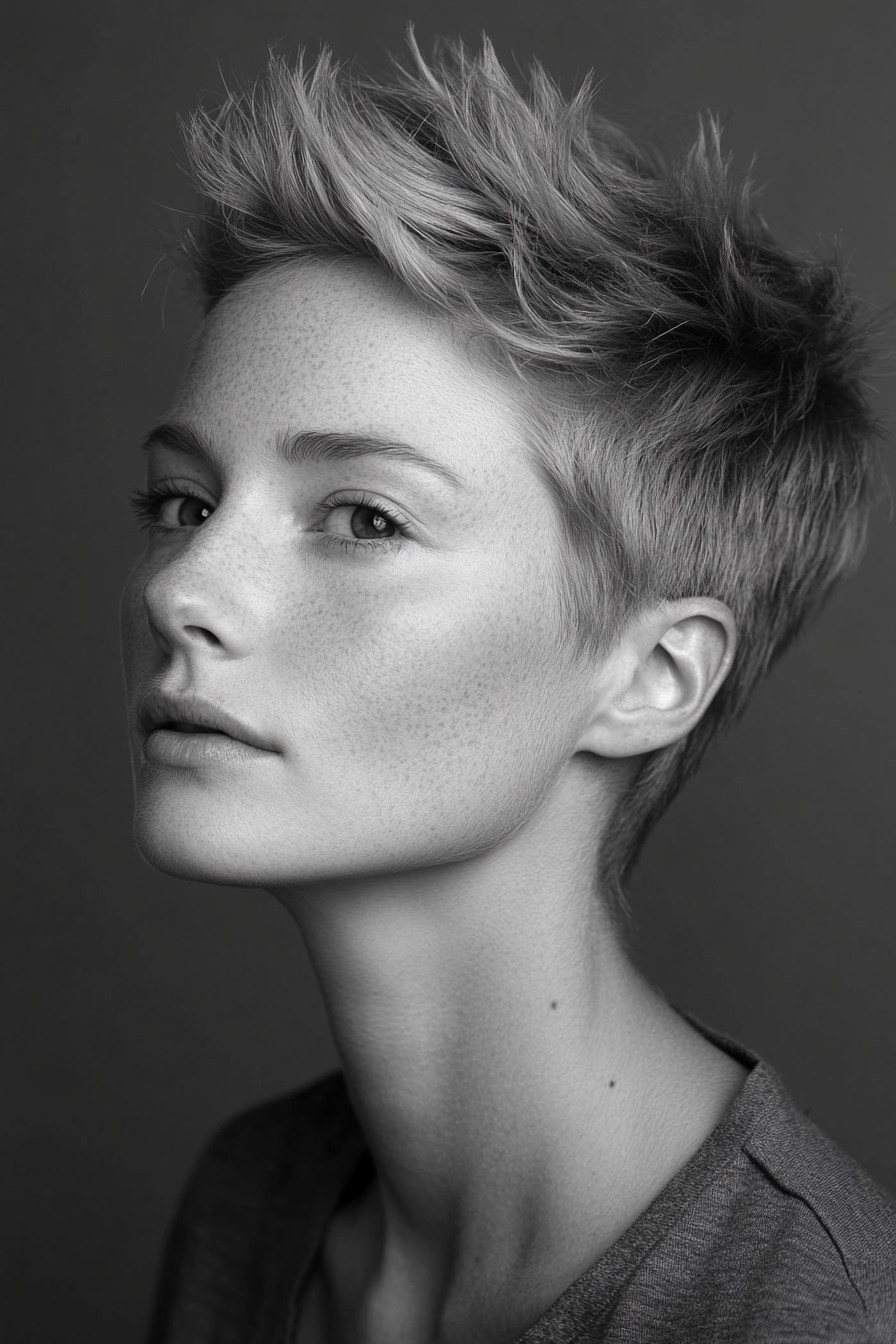 Women's short hairstyle. Textured crown with tapered sides.