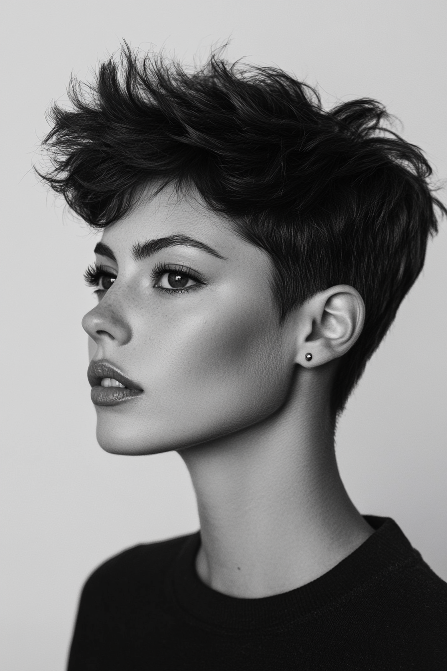 Women's short hairstyle. Textured crowns with tapered sides.