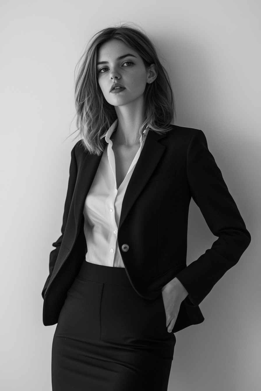 Women's office style. Single-breasted blazer with pencil skirt.