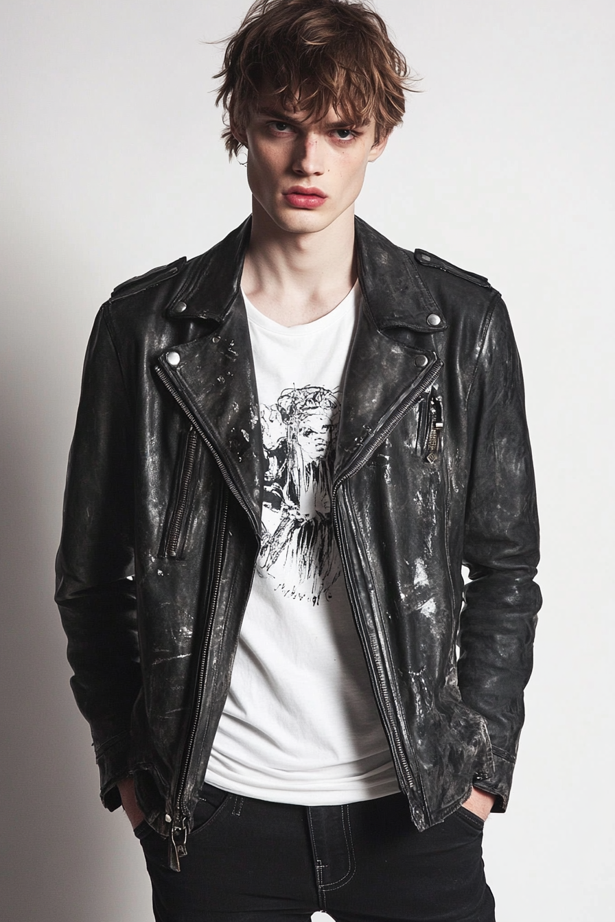 Men's edgy style. Distressed black leather jacket with a white graphic tee.