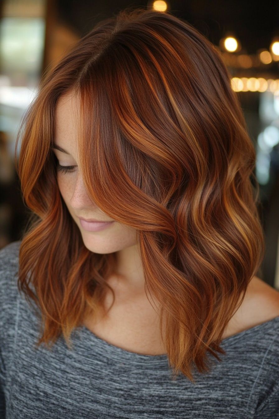 Women's Trendy Style. Mid-length chestnut hair with honey lowlights.