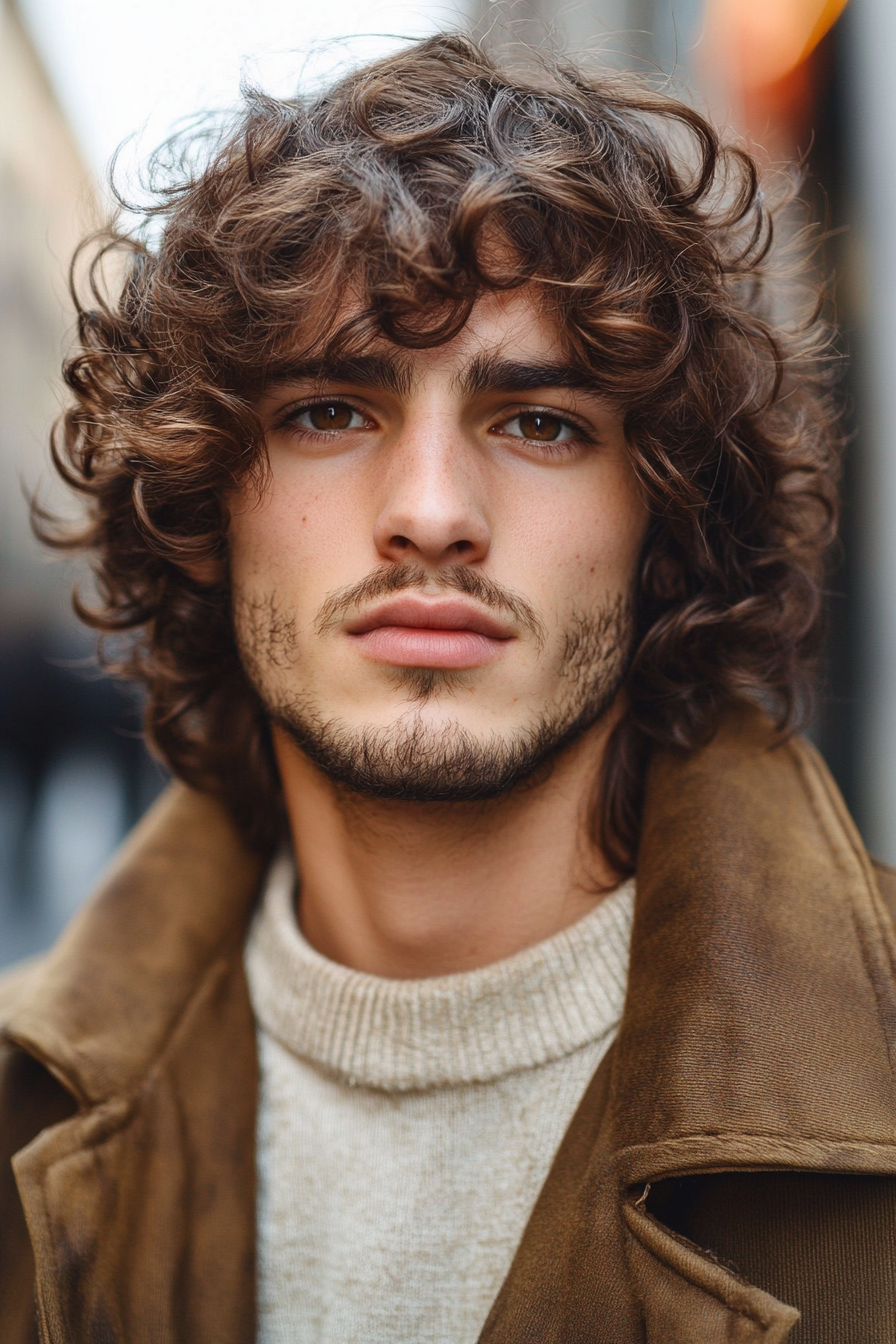 Curly men's style. Chestnut brown ringlets with leave-in conditioner method.