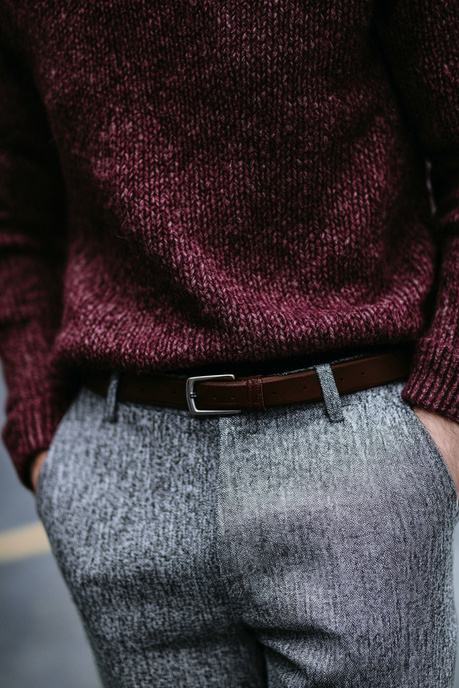 Men's style. Burgundy textured sweater, blended gray trousers.