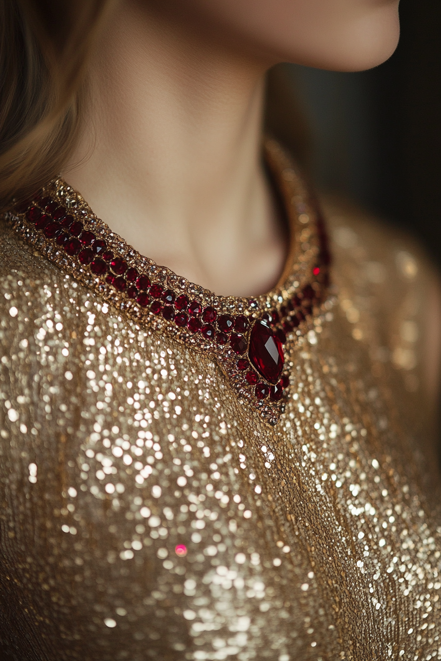 Festive women's style. Gold sequin dress with ruby encrusted collar.