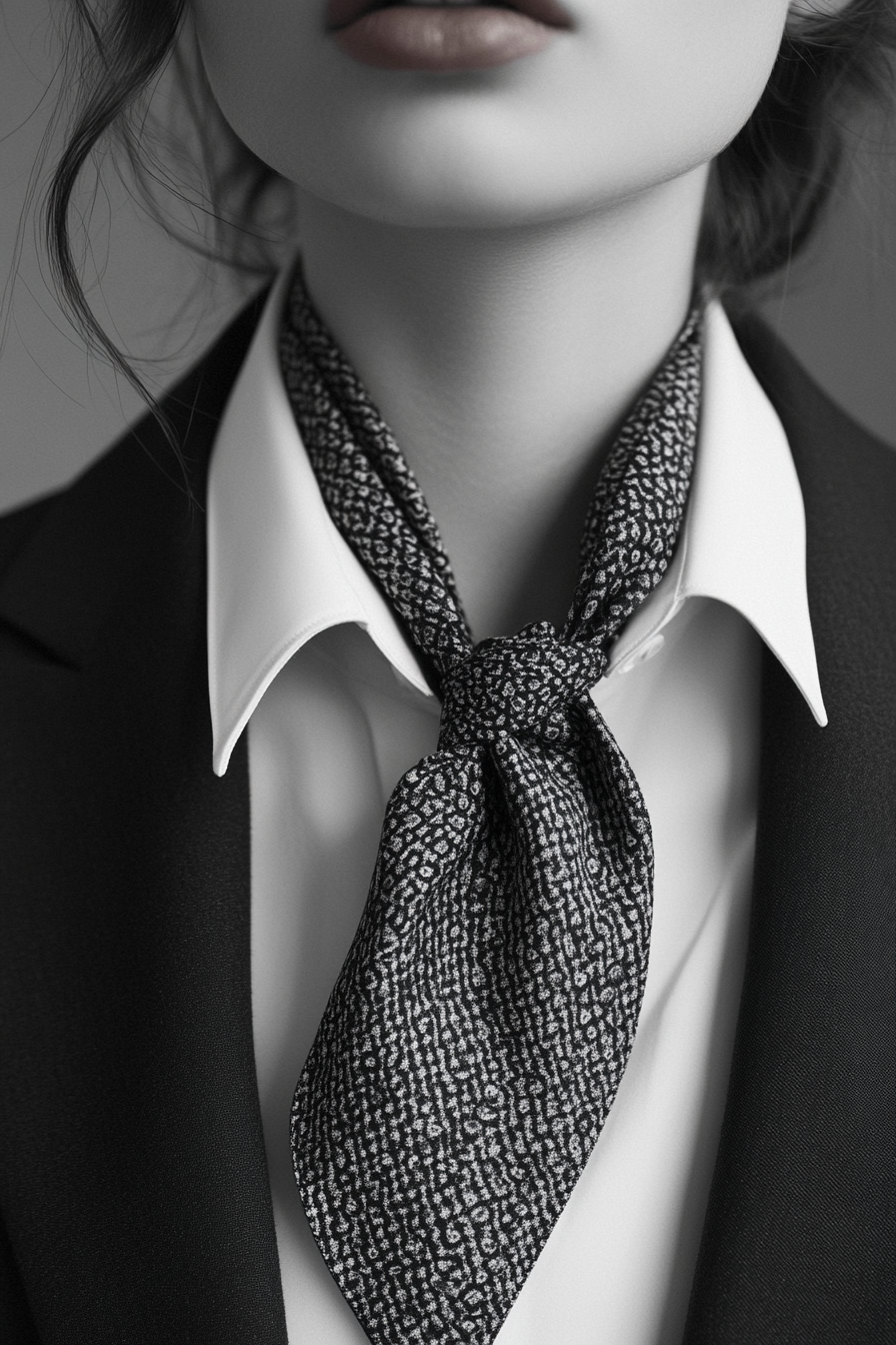 Classic women's style. Modern twist with patterned silk scarf tie on monochrome ensemble.