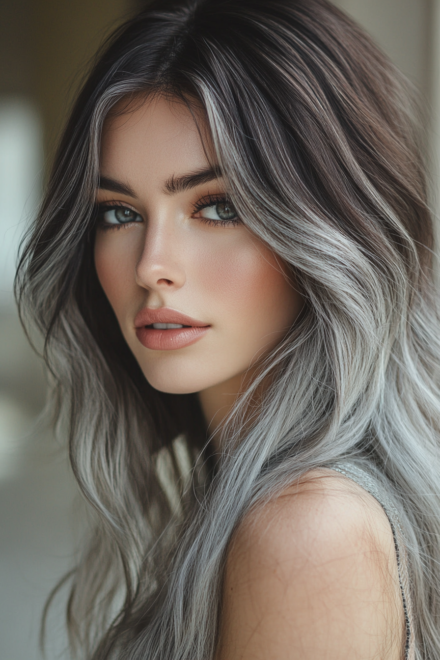 Women's hair color. Brunette with shadow roots and silver toning.