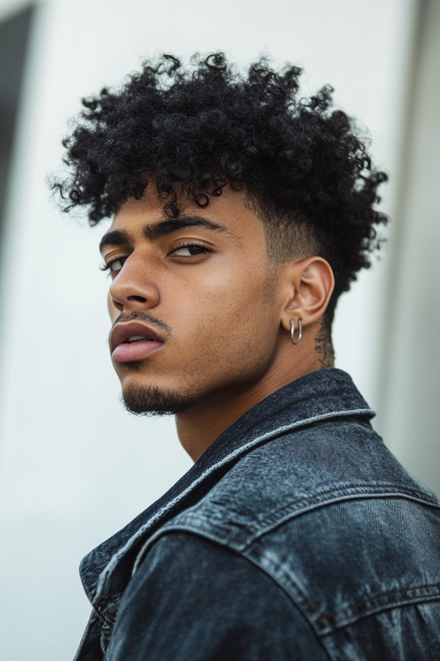 Men's Texture Style. Defined curls with high fade.