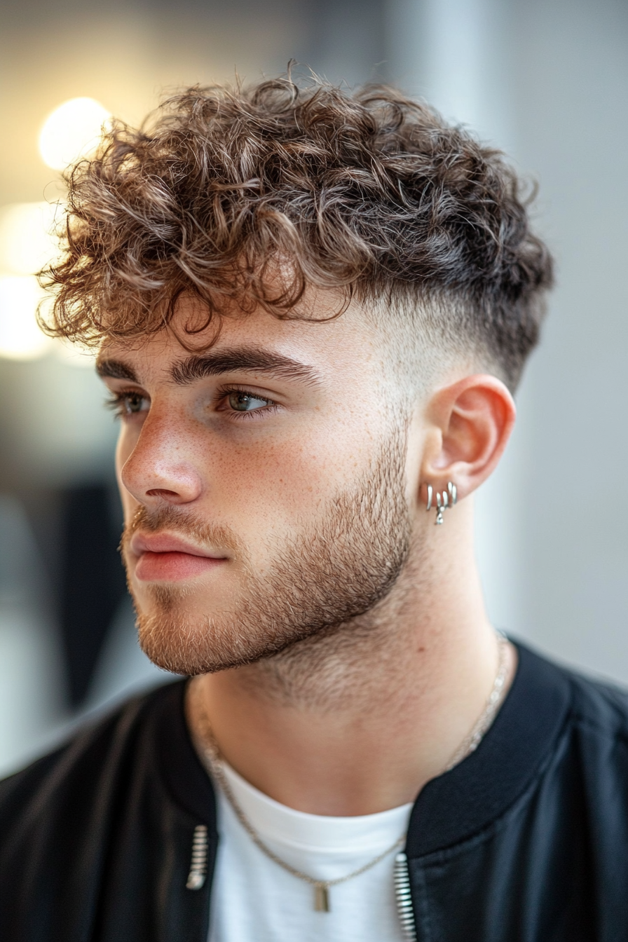 Men's texture style. Defined spiral curls with a skin fade.