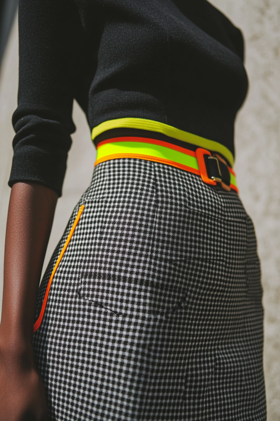 Classic women's style with a modern twist. Houndstooth pencil skirt with neon trim.