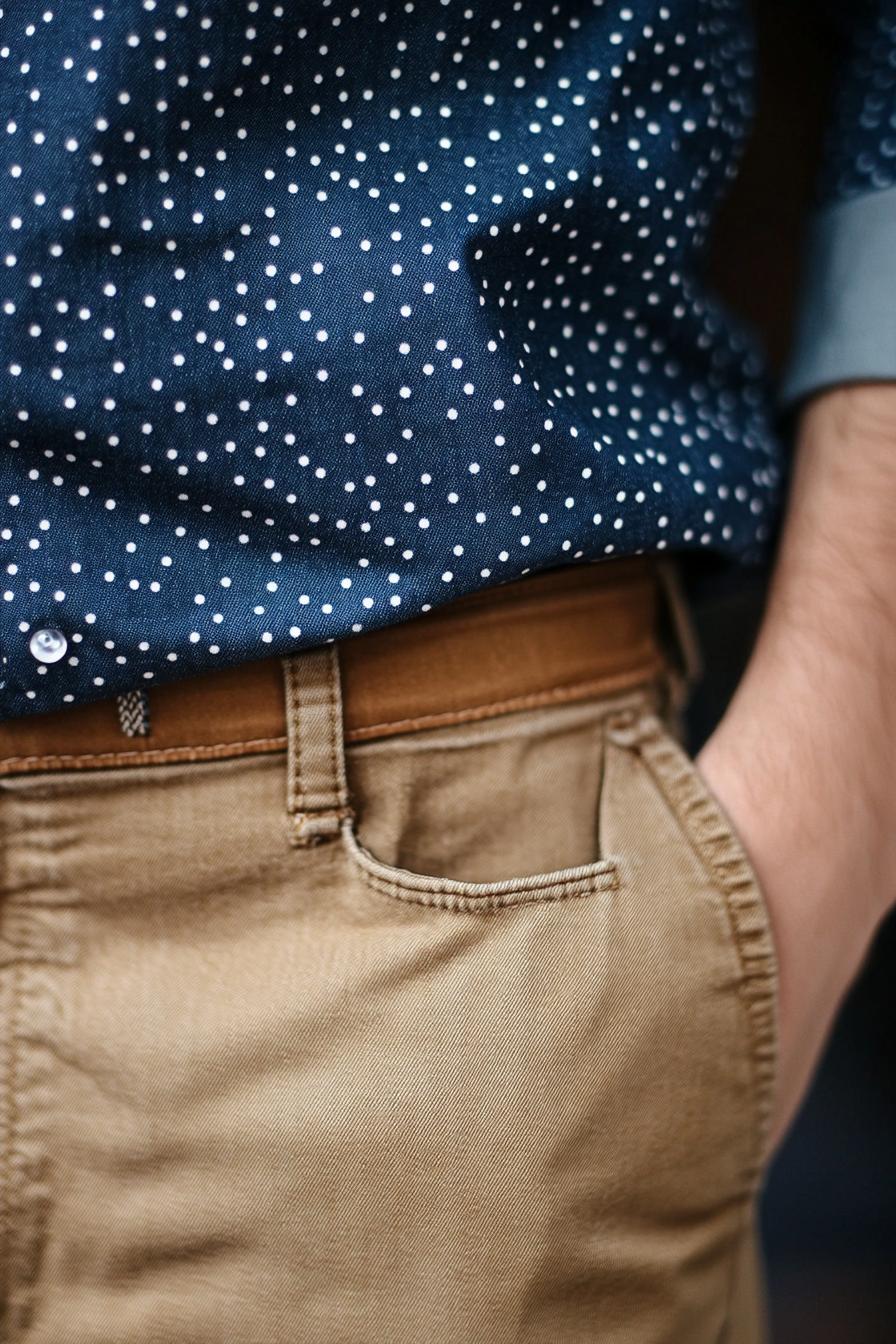 Seasonal men's style. Polka-dotted texture denim shirt, khaki chinos.