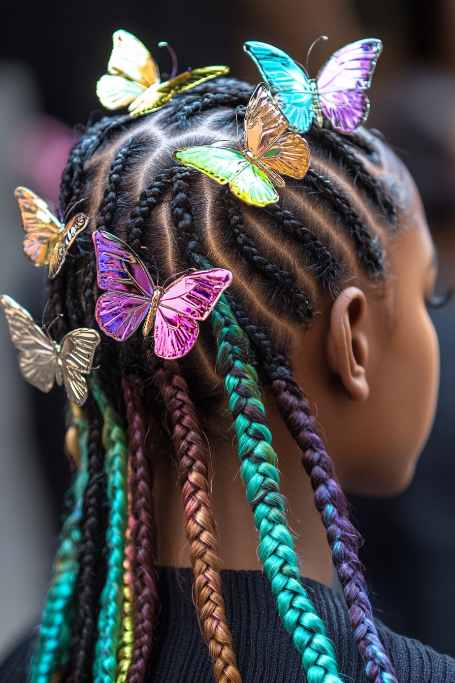 Retro style for women. Baby braids adorned with rainbow tin foil butterfly clips.