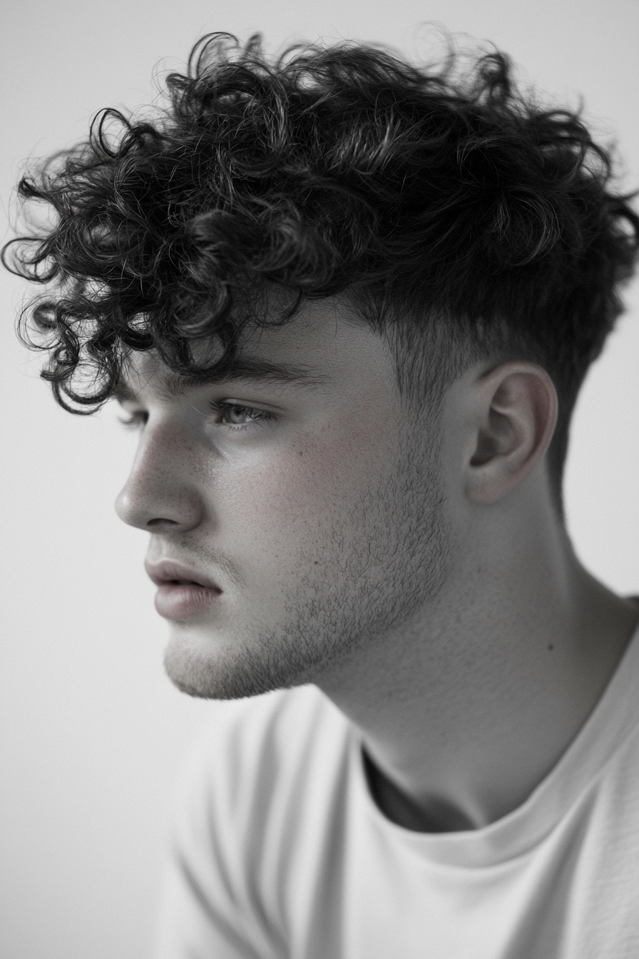 Curly men's style. Taper fade cut using lightweight leave-in conditioner.