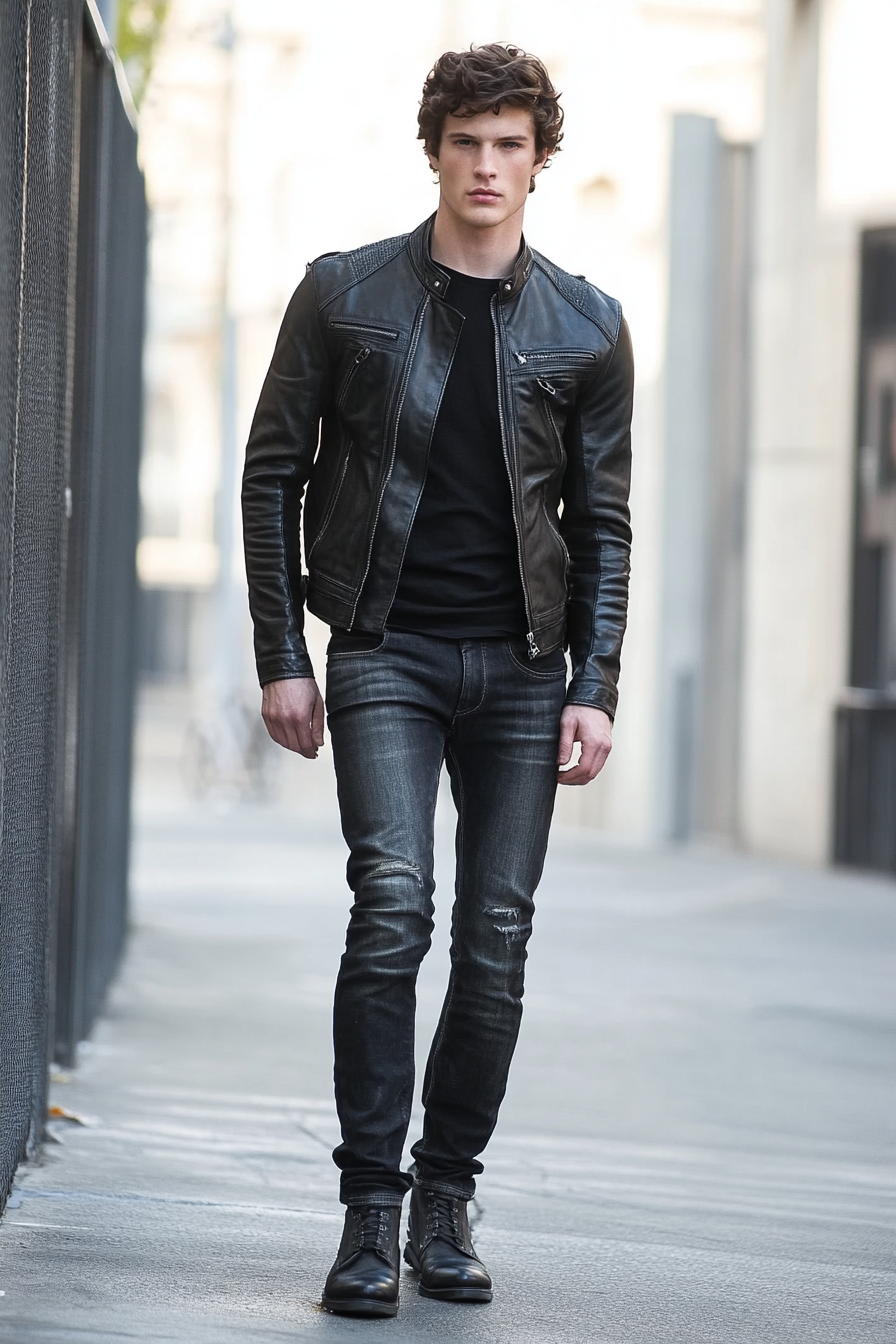 Men's statement style. Tall height, black leather jacket with integrated fade jeans.