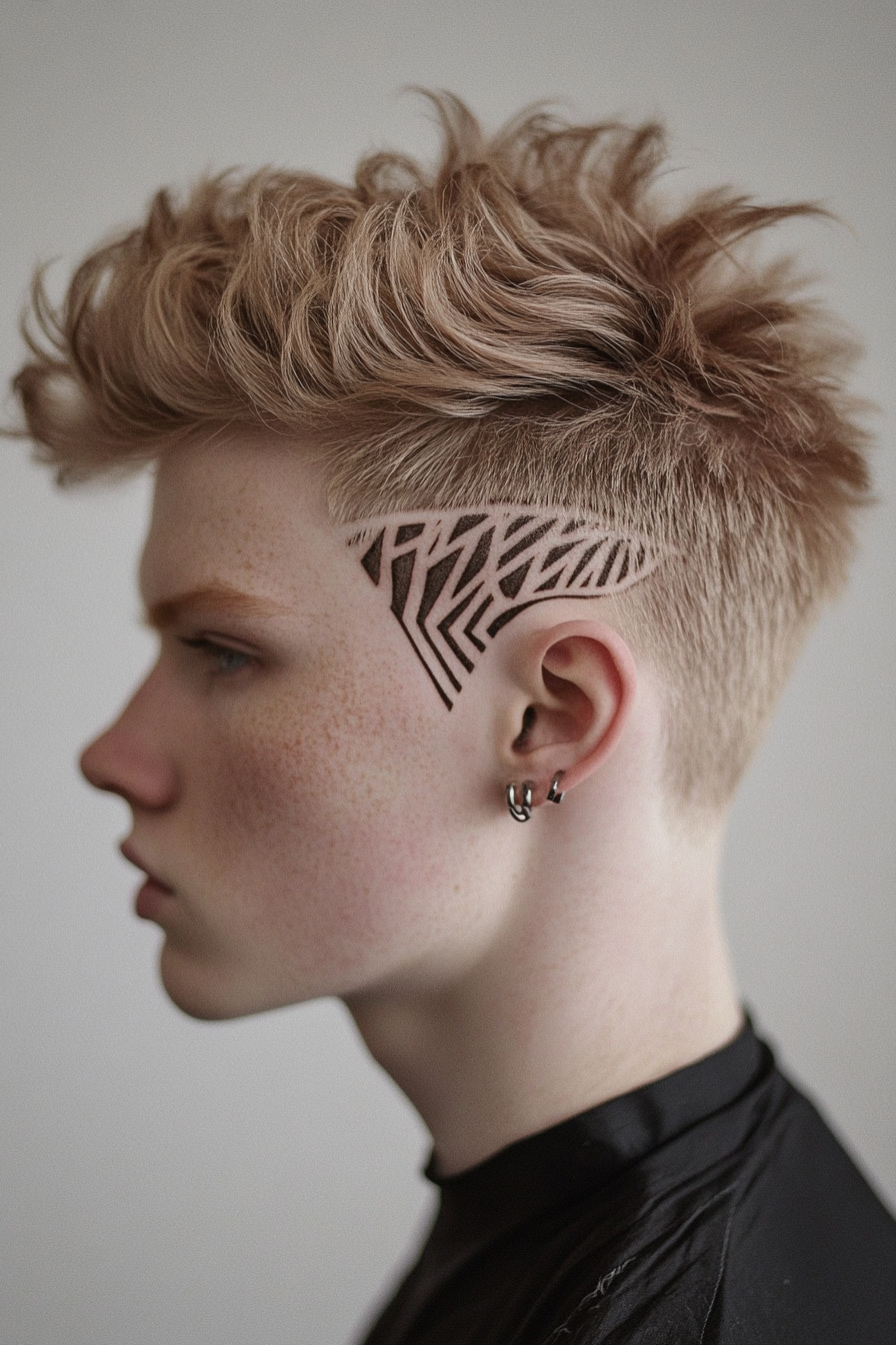 Edgy men's style. High-top fade haircut with razored side design.