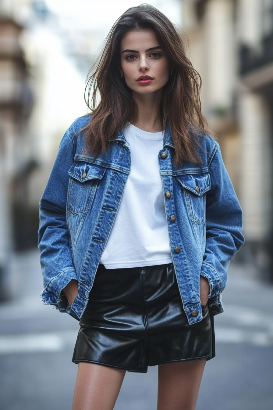 Modern women's style. Blue denim jacket over white tee, black leather skirt with choppy layers.