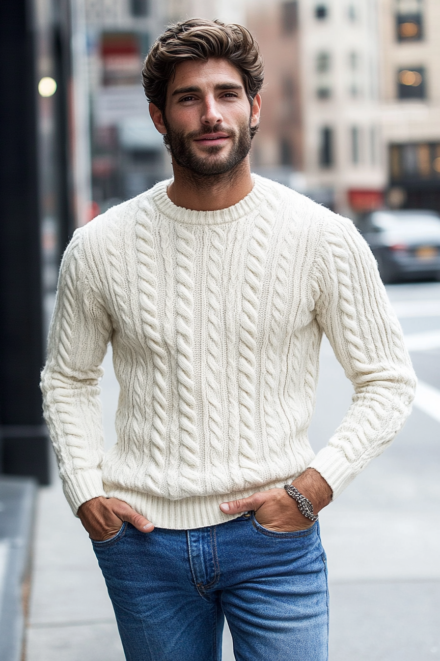 Men's seasonal style. Textured cable-knit sweater with pristine blue jeans.