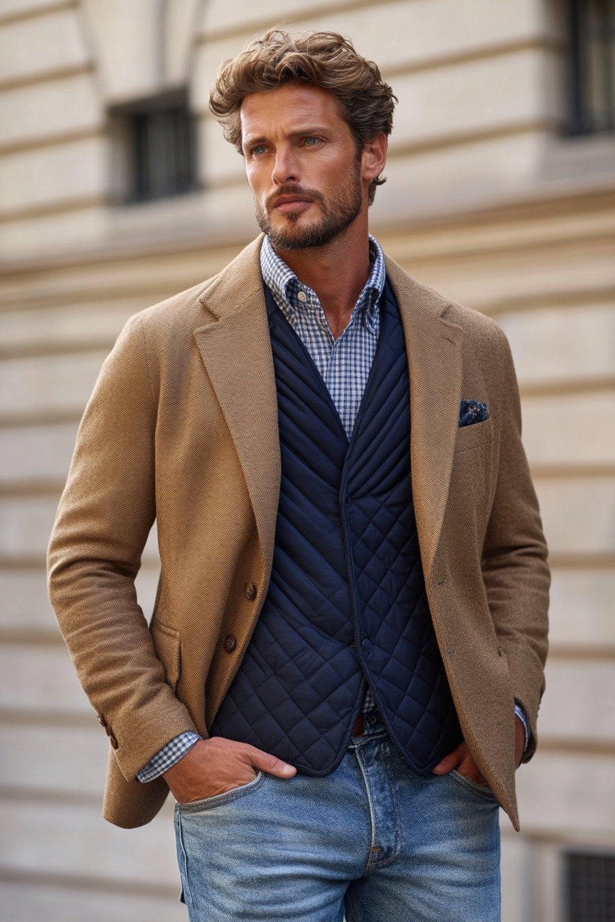 Men's modern style. Tan wool blazer with navy quilted vest and faded jeans.