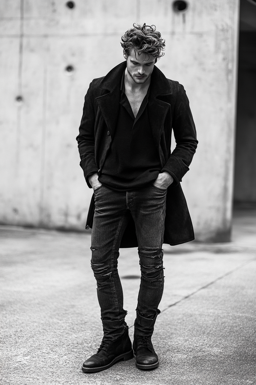 Men's style. Tall ankle boots with integrated low fade jeans.