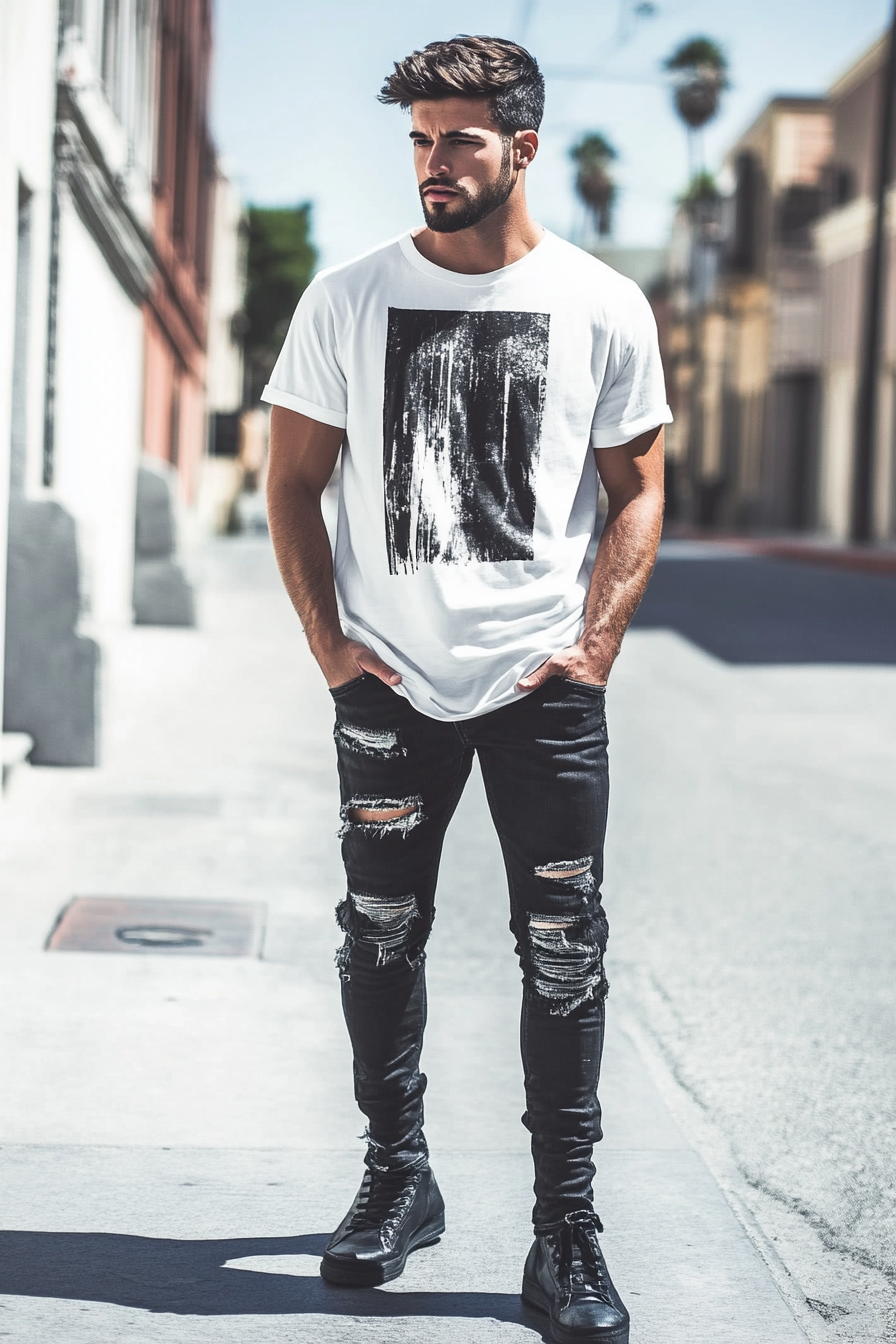 Men's edgy style. Black distressed jeans with white oversized graphic tee.