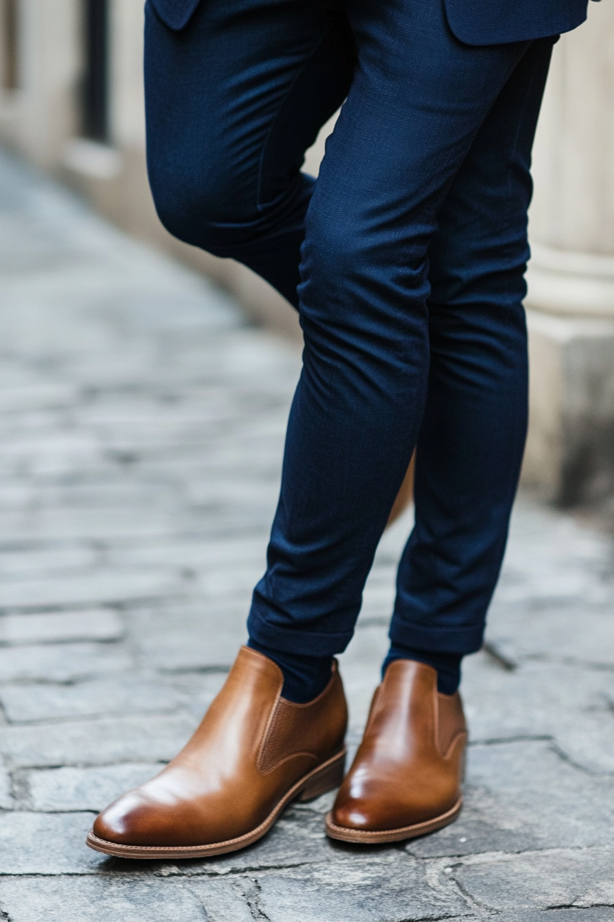 Men's classic style. Navy blazer with thin lapel and light fade on leather boots.