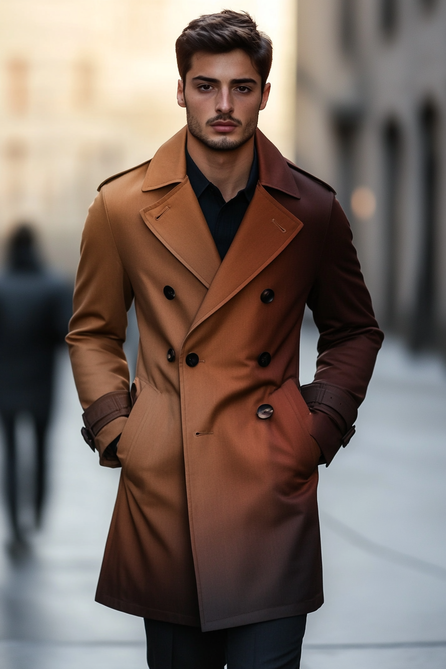 Men's style. Classic trench coat with modern gradient color from cream to brown.