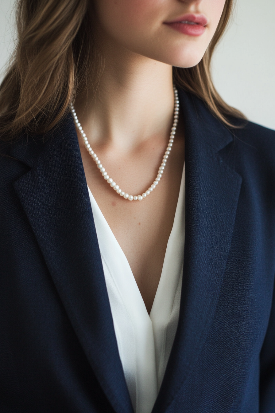 Classic women's style. Tailored navy blazer paired with pearl necklace.