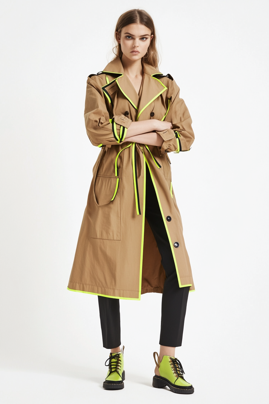 Classic women's style. A calf-length trench coat in camel with updated neon piping.