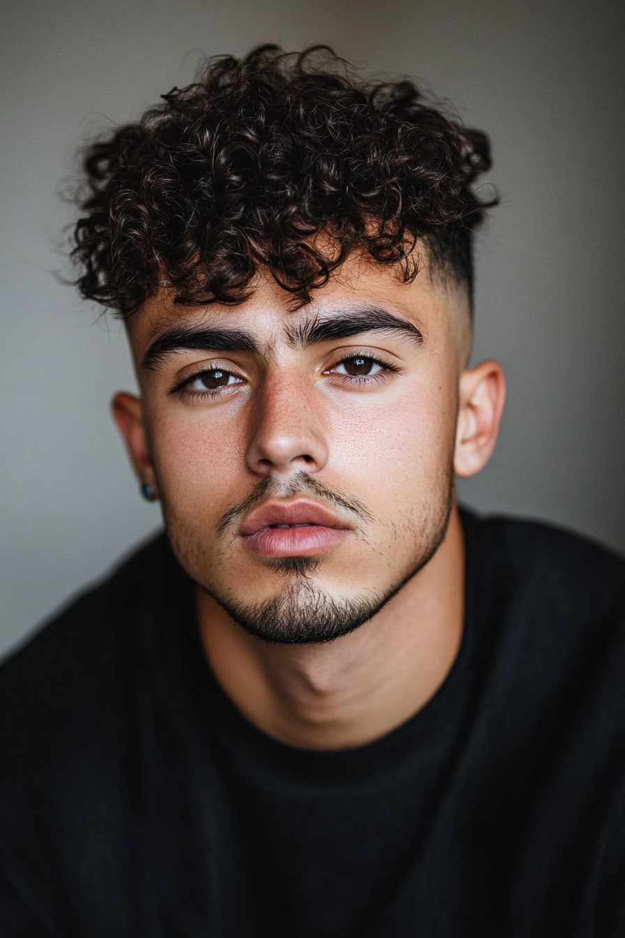 Men's hairstyle. Tight curls on top, faded undercut sides.