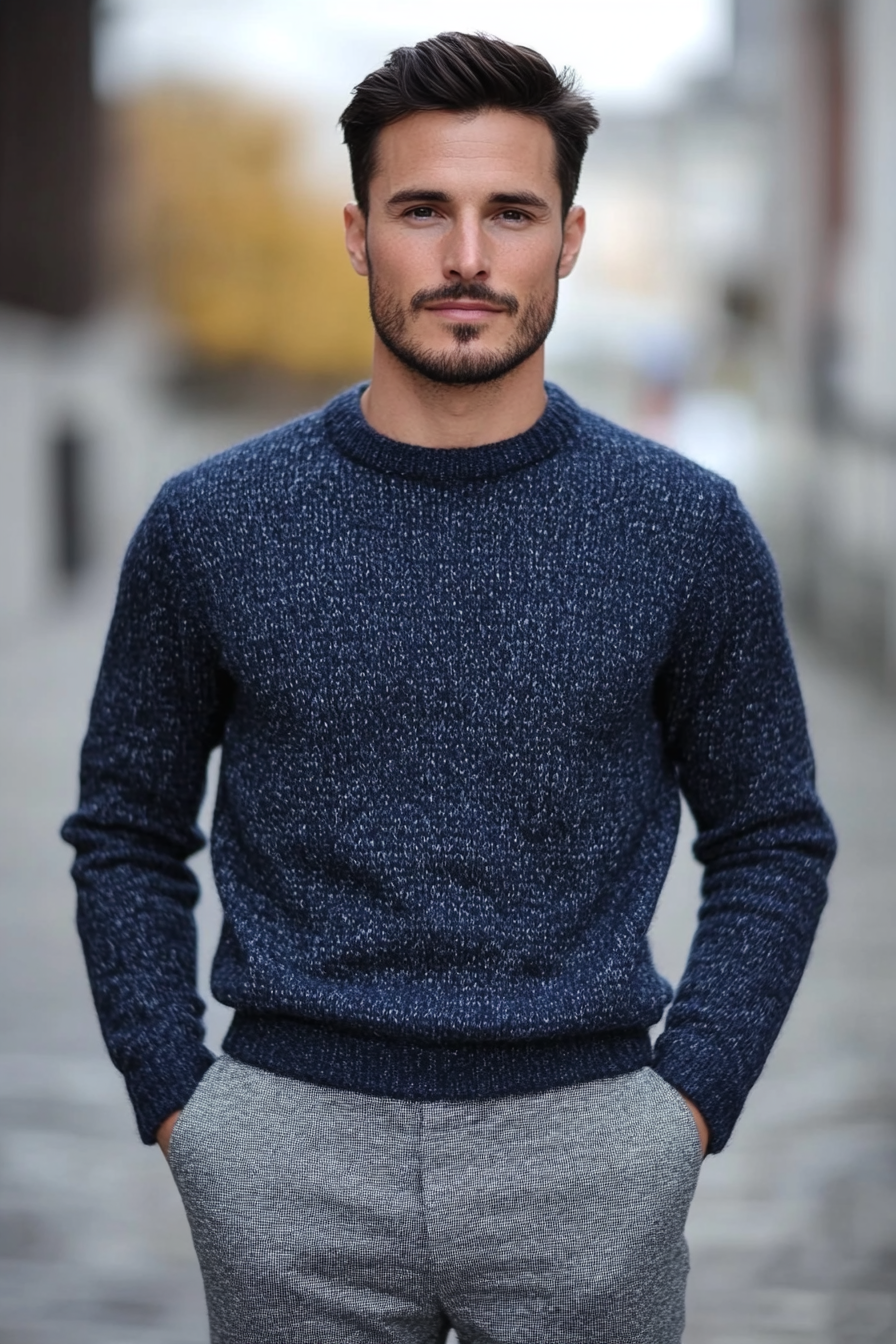 Men's contemporary style. Textured navy sweater, blended grey trousers.