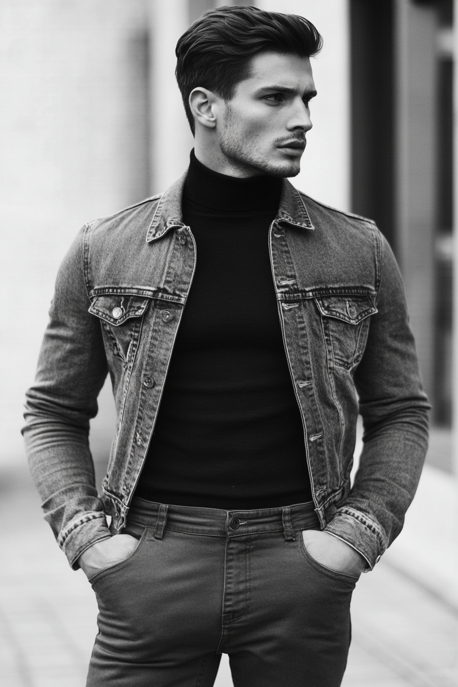 Men's modern style. Washed denim jacket layered over black turtle neck, tapered chinos with disconnected sides.