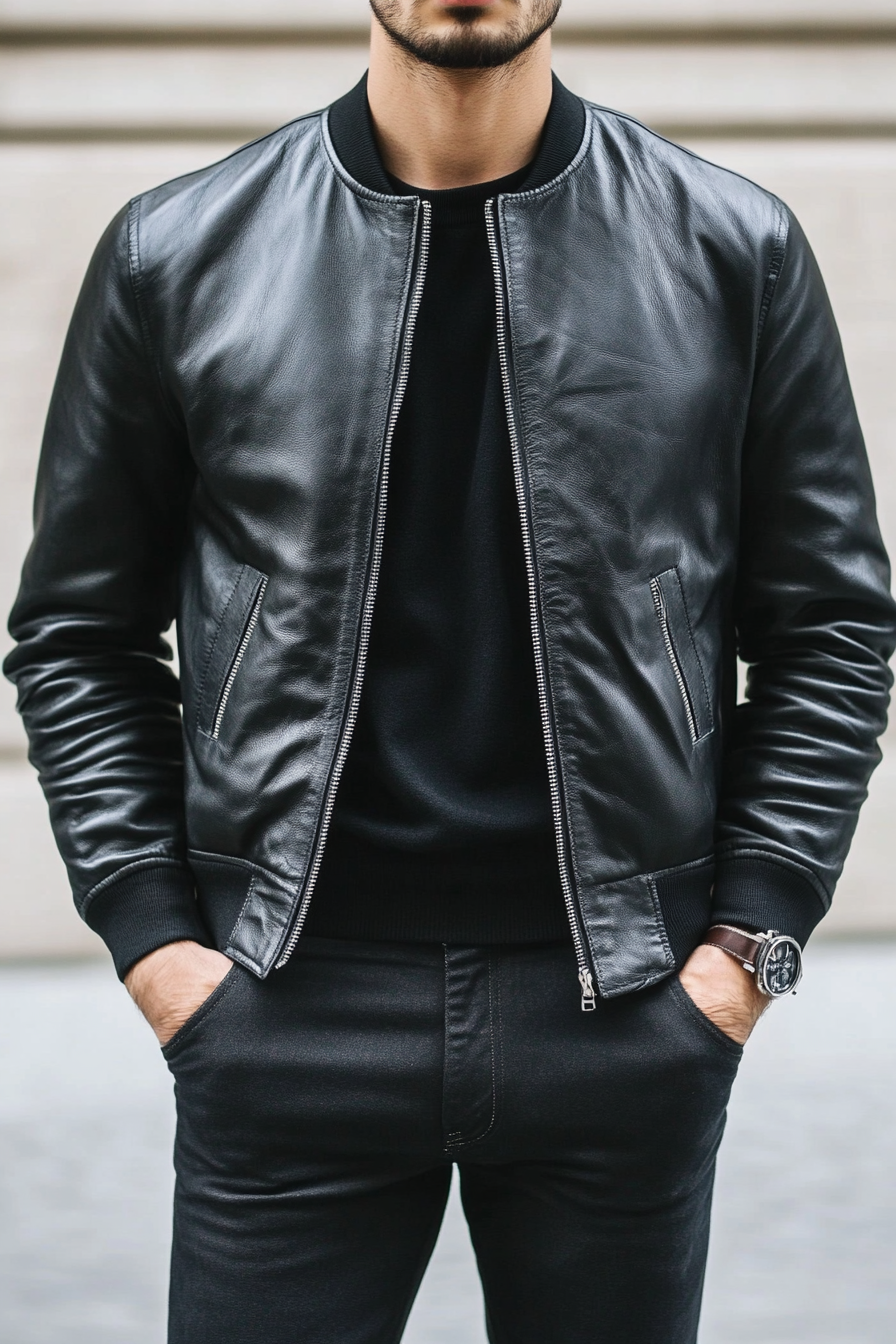 Men's statement style. Leather bomber jacket with high fade trousers.