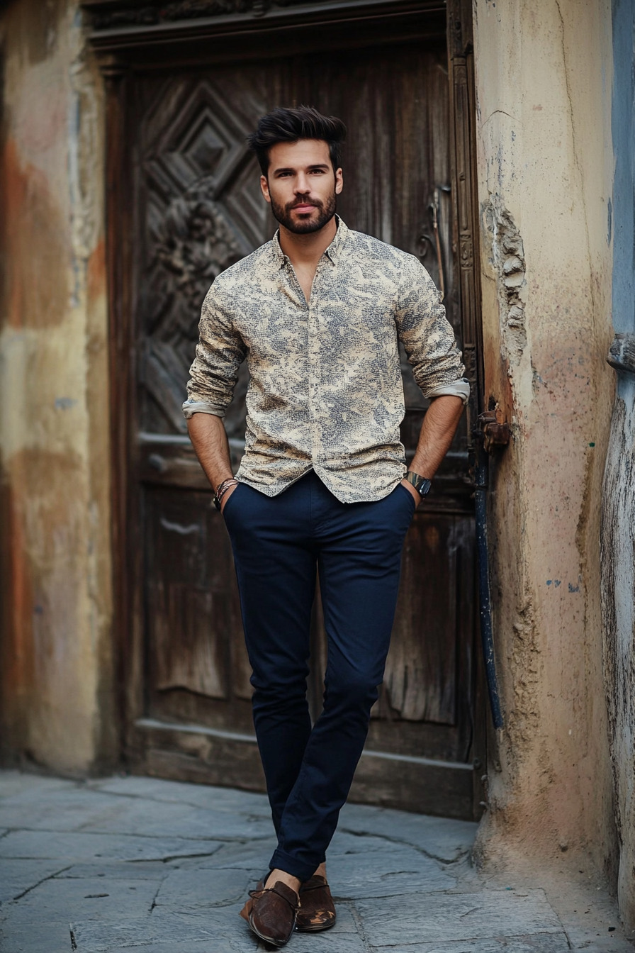 Men’s contemporary style. Textured top, faded sides, navy chino pants.