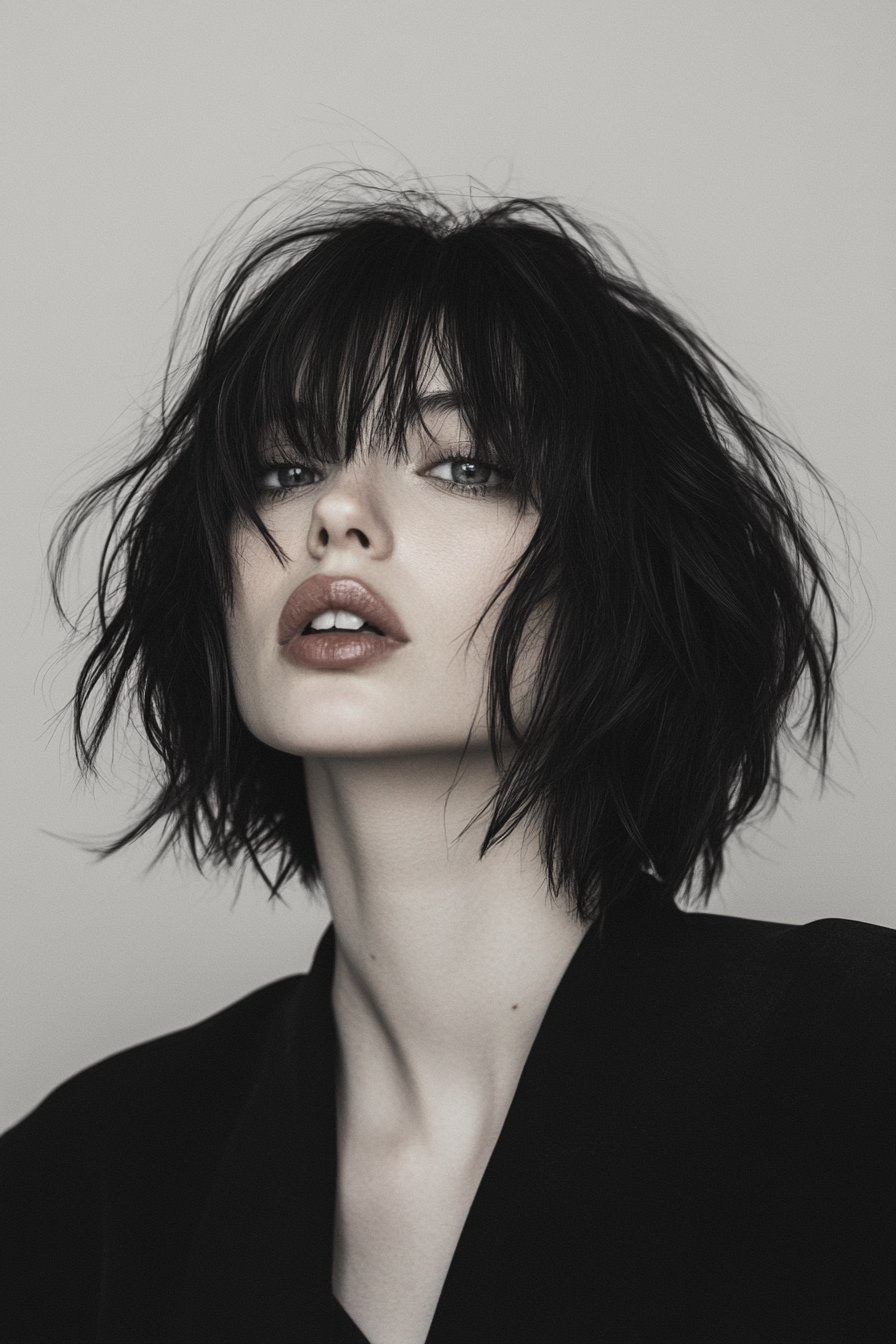 Modern women's style. Choppy layered bob with curtain bangs.