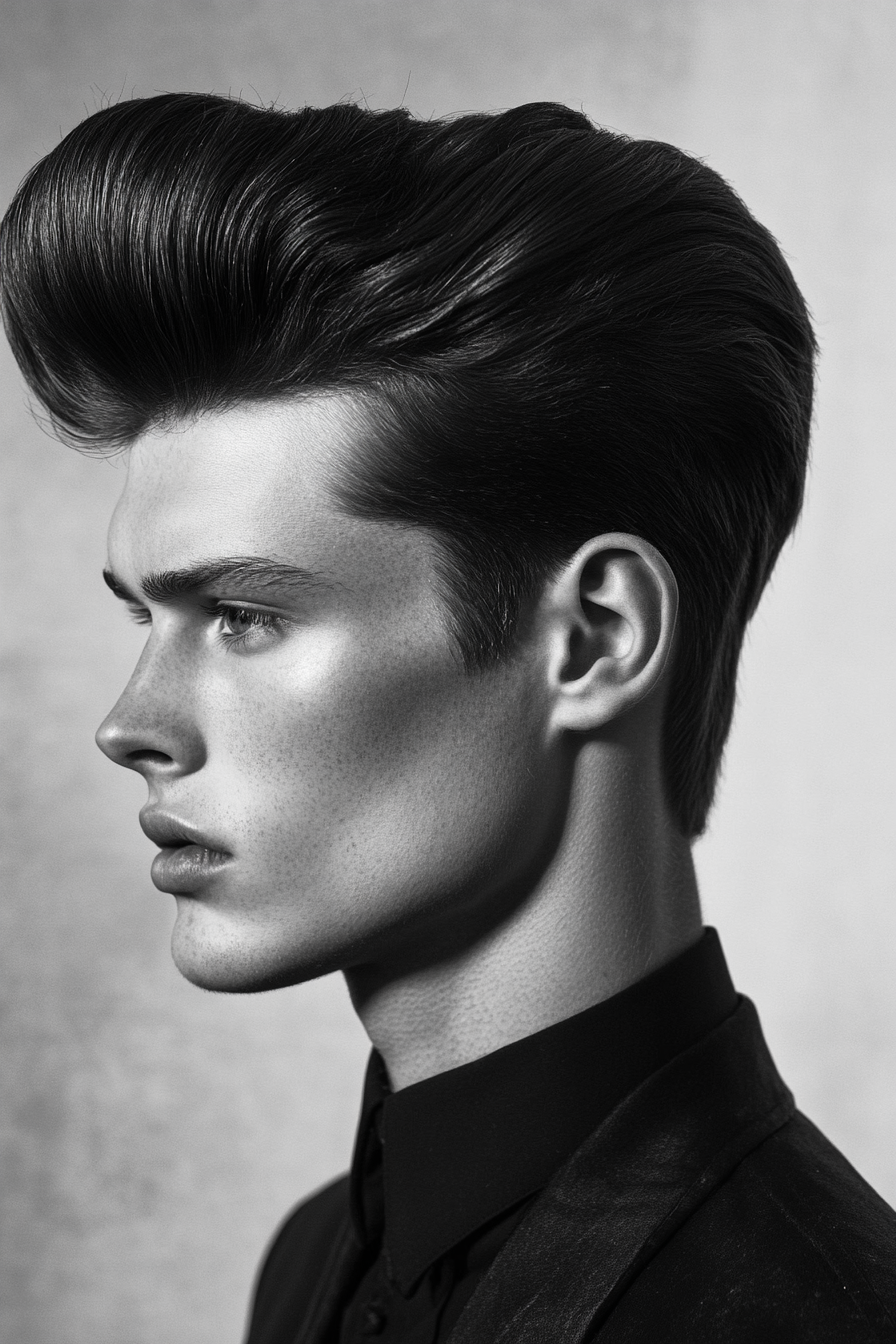 Men's volume style. Pompadour haircut with hair mousse application guide.