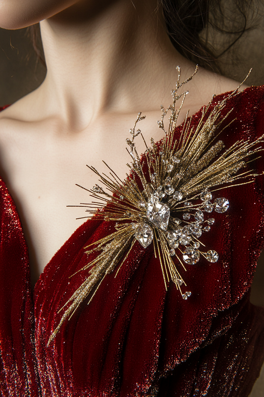 Festive style. Gold metallic spray, red velvet dress with shimmering crystal brooch.