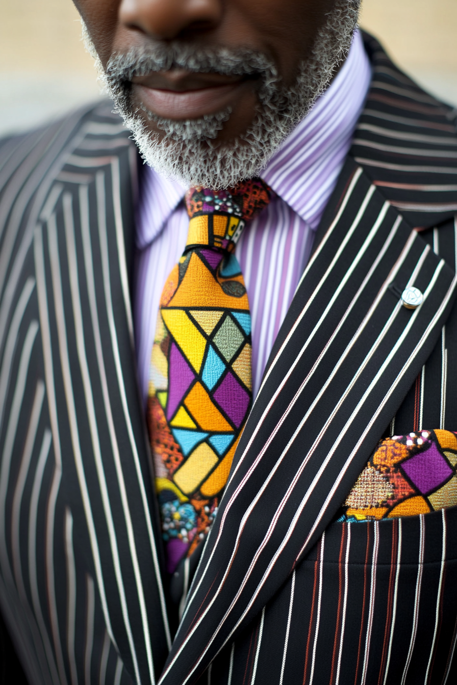 Men's creative style. Multicolored pinstripe suit with geometric print tie.