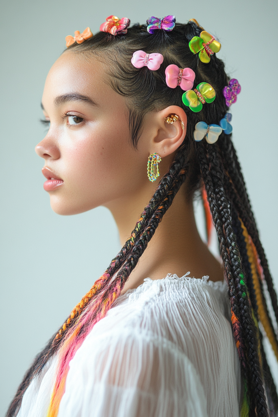 Retro style for women. Baby braids accessorized with rainbow hair clips.