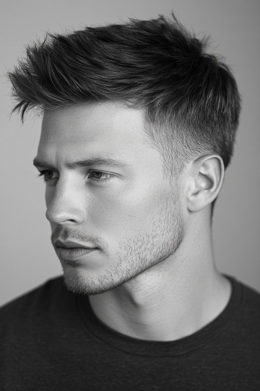 Men's contemporary style. Textured crew cut with blended taper fade.