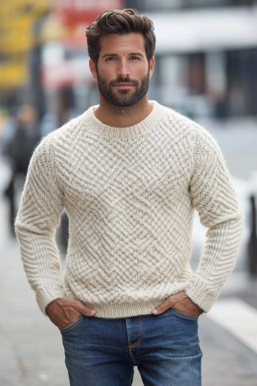 Men's seasonal style. Textured sweater with clean-cut denim.