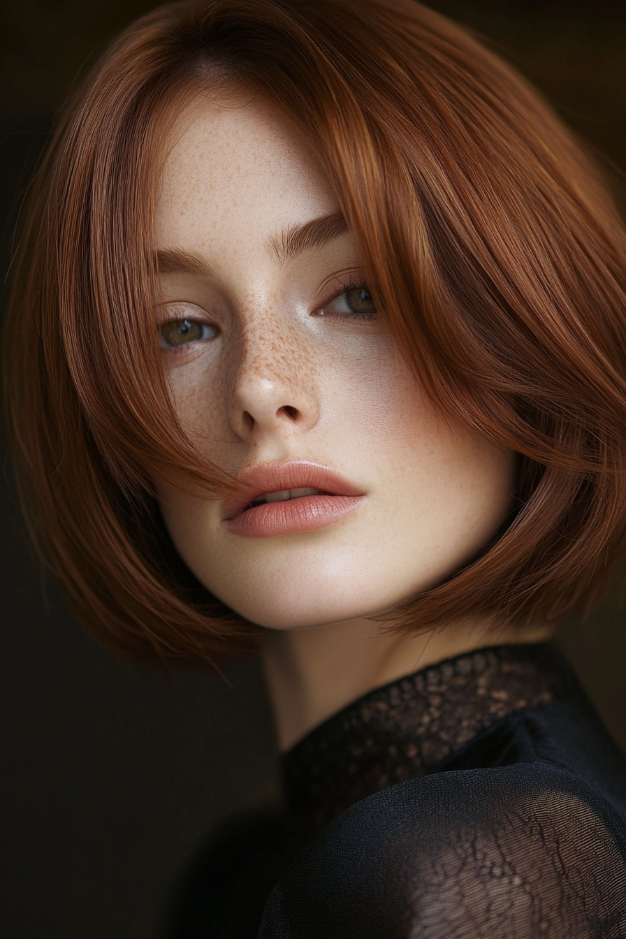 Women's trendy style. Chestnut hair in a sleek bob with face-framing layers.