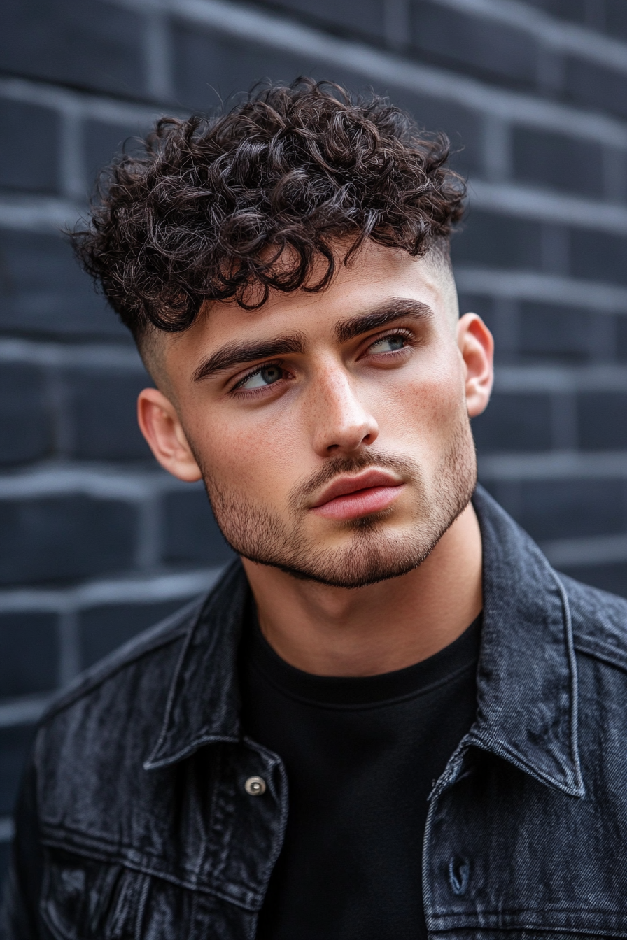 Men's texture style. Defined curls with high skin fade.